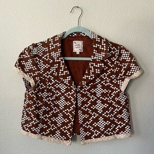 Vintage Nanette Lepore Brown White Atomic Embroidered Retro Jacket Women Size 6